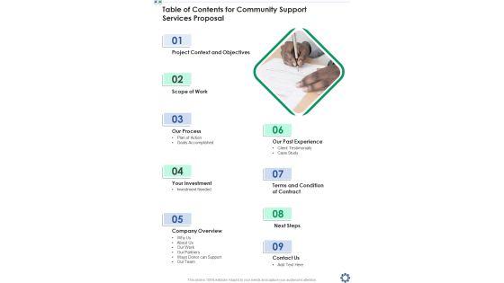 Table_Of_Contents_For_Community_Support_Services_Proposal_One_Pager_Sample_Example_Document_Slide_1.jpg