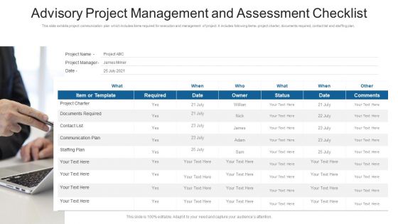 Advisory Project Management And Assessment Checklist Ppt PowerPoint Presentation Gallery Designs Download PDF Advisory Project Management And Assessment Checklist Ppt PowerPoint Presentation Gallery Designs Download PDF