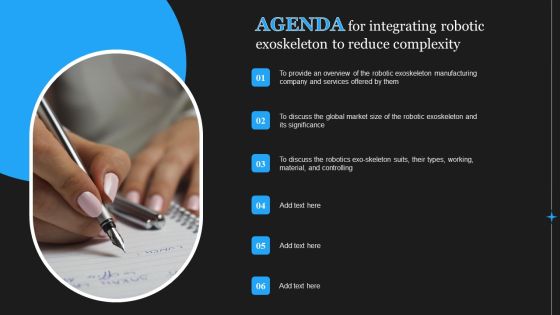 Agenda For Integrating Robotic Exoskeleton To Reduce Complexity Infographics PDF Agenda For Integrating Robotic Exoskeleton To Reduce Complexity Infographics PDF