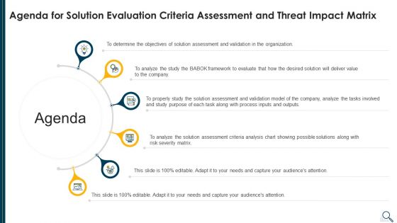 Agenda For Solution Evaluation Criteria Assessment And Threat Impact Matrix Summary PDF Agenda For Solution Evaluation Criteria Assessment And Threat Impact Matrix Summary PDF