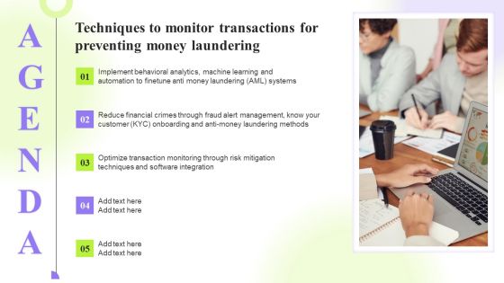 Agenda Techniques To Monitor Transactions For Preventing Money Laundering Guidelines PDF