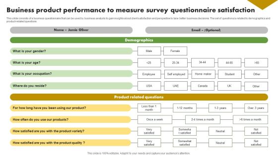 Business Product Performance To Measure Survey Questionnaire Satisfaction Survey SS Business Product Performance To Measure Survey Questionnaire Satisfaction Survey SS