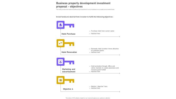 Business Property Development Investment Proposal Objectives One Pager Sample Example Document