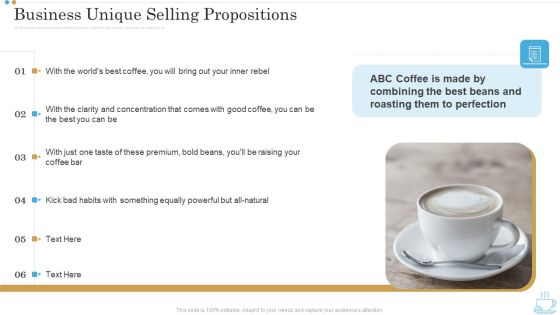 Business Unique Selling Propositions Business Plan For Opening A Coffeehouse Ppt Icon Demonstration PDF Business Unique Selling Propositions Business Plan For Opening A Coffeehouse Ppt Icon Demonstration PDF