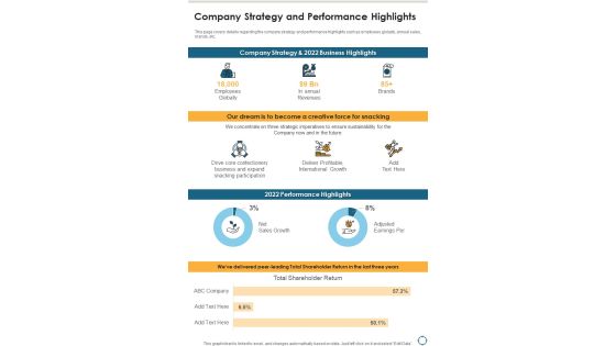 Company Strategy And Performance Highlights One Pager Documents Company Strategy And Performance Highlights One Pager Documents