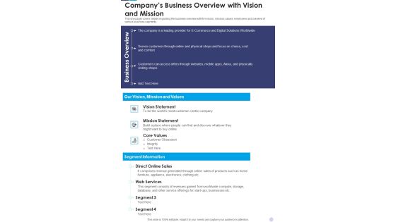Companys Business Overview With Vision And Mission Template 188 One Pager Documents Companys Business Overview With Vision And Mission Template 188 One Pager Documents
