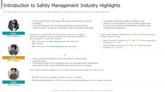 Construction Sector Project Risk Management Introduction To Safety Management Industry Highlights Icons PDF Construction Sector Project Risk Management Introduction To Safety Management Industry Highlights Icons PDF