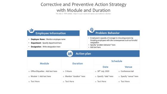 Corrective And Preventive Action Strategy With Module And Duration Ppt PowerPoint Presentation Outline Background Designs PDF