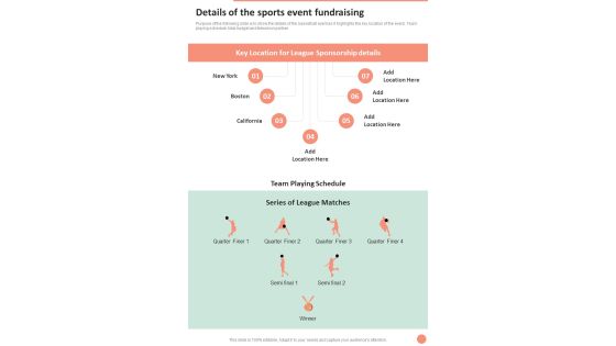 Details Of The Sports Event Fundraising One Pager Sample Example Document