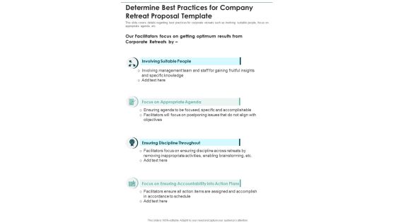 Determine Best Practices For Company Retreat Proposal Template One Pager Sample Example Document Determine Best Practices For Company Retreat Proposal Template One Pager Sample Example Document