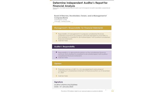 Determine Independent Auditors Report For Financial Analysis Template 254 One Pager Documents Determine Independent Auditors Report For Financial Analysis Template 254 One Pager Documents