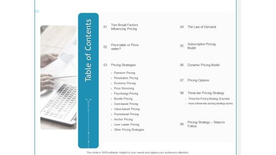 Developing A Right Pricing Strategy For Business Table Of Contents Infographics PDF