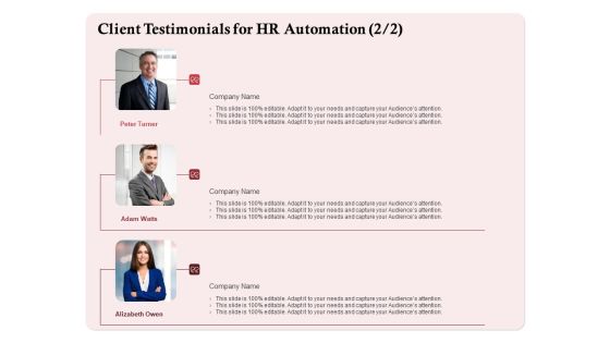 Development And Implementation Client Testimonials For HR Automation Planning Infographics PDF Development And Implementation Client Testimonials For HR Automation Planning Infographics PDF