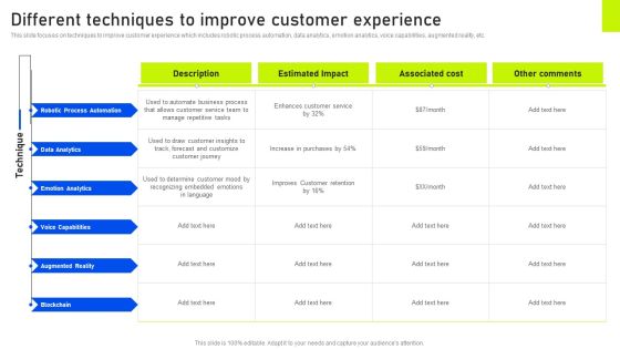 Different Techniques To Improve Customer Experience Ppt Inspiration Icons PDF Different Techniques To Improve Customer Experience Ppt Inspiration Icons PDF