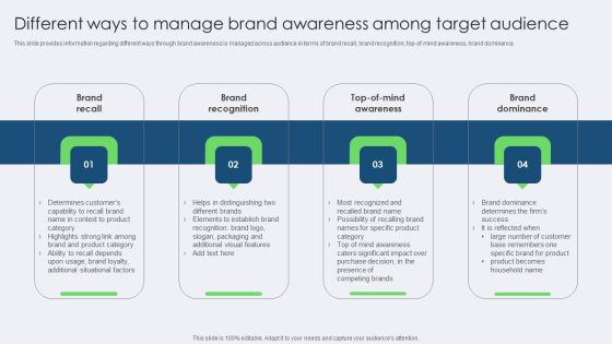 Different Ways To Manage Brand Awareness Among Target Audience Infographics PDF Different Ways To Manage Brand Awareness Among Target Audience Infographics PDF