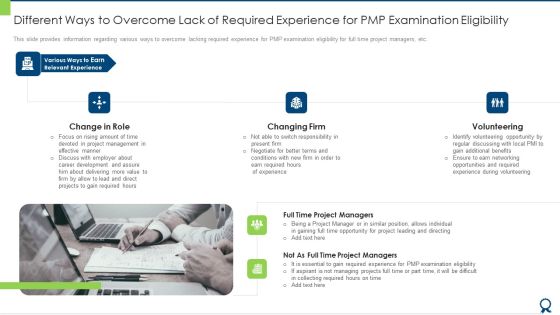 Different Ways To Overcome Lack Of Required Experience For PMP Examination Eligibility Elements PDF Different Ways To Overcome Lack Of Required Experience For PMP Examination Eligibility Elements PDF