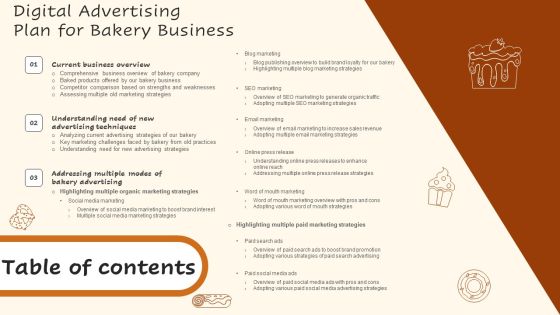 Digital Advertising Plan For Bakery Business Table Of Contents Professional PDF Digital Advertising Plan For Bakery Business Table Of Contents Professional PDF