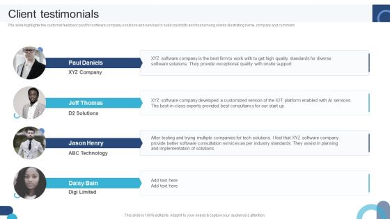 Digital Application Software Development Business Profile Client Testimonials Designs PDF