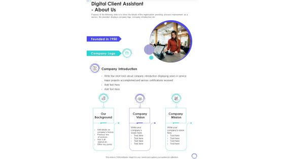 Digital Client Assistant About Us One Pager Sample Example Document Digital Client Assistant About Us One Pager Sample Example Document