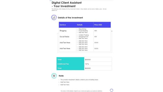 Digital Client Assistant Your Investment One Pager Sample Example Document