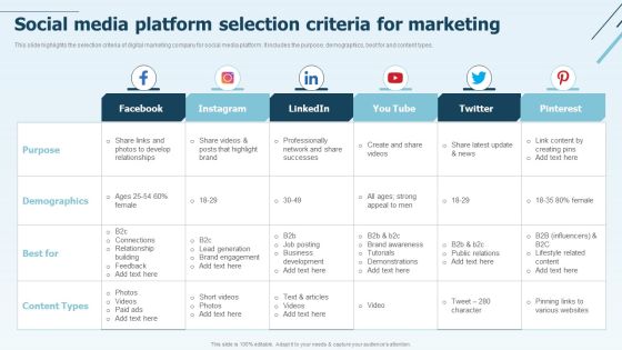Digital Marketing Company Profile Social Media Platform Selection Criteria For Marketing Sample PDF Digital Marketing Company Profile Social Media Platform Selection Criteria For Marketing Sample PDF