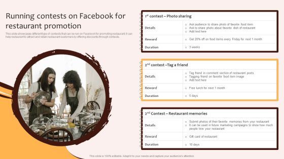 Digital Marketing Plan For Restaurant Business Running Contests On Facebook For Restaurant Promotion Template PDF
