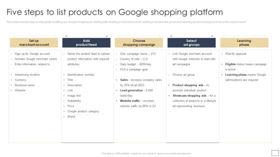 Digital Retail Marketing Techniques To Increase Target Customers Five Steps To List Products On Google Shopping Inspiration PDF Digital Retail Marketing Techniques To Increase Target Customers Five Steps To List Products On Google Shopping Inspiration PDF