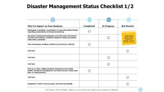 Disaster Management Status Checklist Communication Ppt PowerPoint Presentation Icon Example File Disaster Management Status Checklist Communication Ppt PowerPoint Presentation Icon Example File