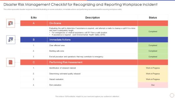Disaster Risk Management Checklist For Recognizing And Reporting Workplace Incident Background PDF Disaster Risk Management Checklist For Recognizing And Reporting Workplace Incident Background PDF