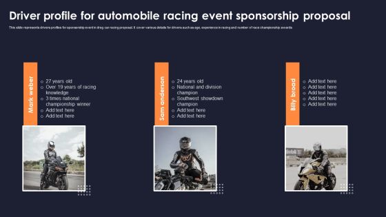 Driver Profile For Automobile Racing Event Sponsorship Proposal Graphics PDF Driver Profile For Automobile Racing Event Sponsorship Proposal Graphics PDF