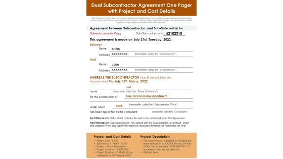 Dual Subcontractor Agreement One Pager With Project And Cost Details PDF Document PPT Template Dual Subcontractor Agreement One Pager With Project And Cost Details PDF Document PPT Template