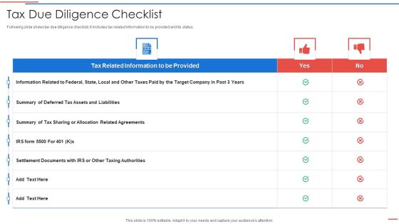 Due Diligence Process In Merger And Acquisition Agreement Tax Due Diligence Checklist Elements PDF Due Diligence Process In Merger And Acquisition Agreement Tax Due Diligence Checklist Elements PDF