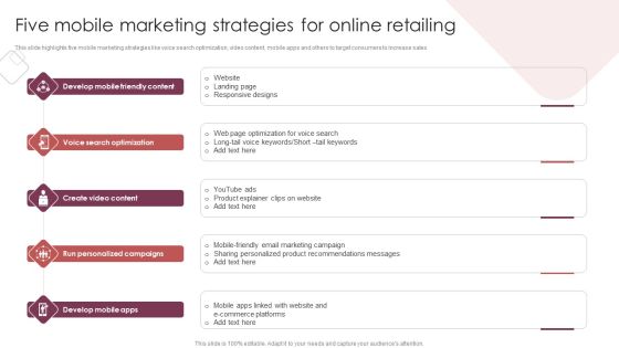 E Commerce Marketing Techniques To Boost Sales Five Mobile Marketing Strategies For Online Retailing Slides PDF E Commerce Marketing Techniques To Boost Sales Five Mobile Marketing Strategies For Online Retailing Slides PDF