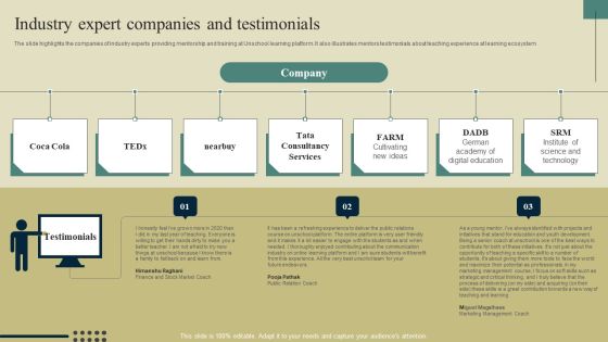 E Learning Platform Company Outline Industry Expert Companies And Testimonials Elements PDF E Learning Platform Company Outline Industry Expert Companies And Testimonials Elements PDF
