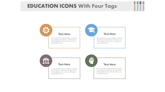 Education Icons With Four Tags Powerpoint Slides Education Icons With Four Tags Powerpoint Slides