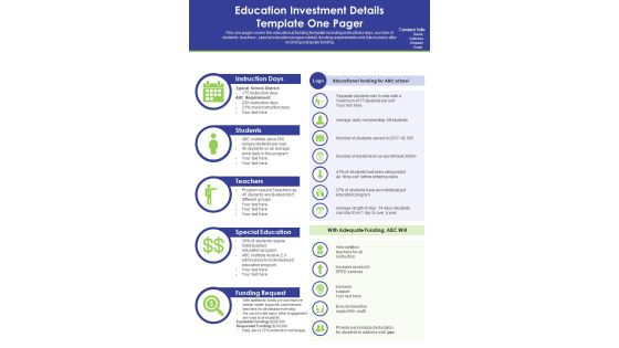 Education Investment Details Template One Pager PDF Document PPT Template Education Investment Details Template One Pager PDF Document PPT Template