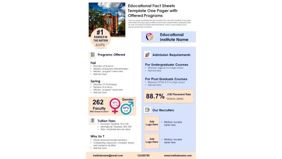 Educational Fact Sheets Template One Pager With Offered Programs PDF Document PPT Template Educational Fact Sheets Template One Pager With Offered Programs PDF Document PPT Template