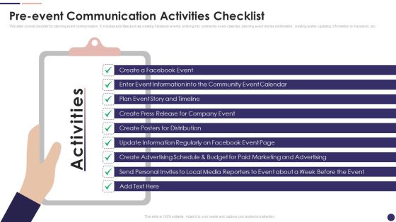 Effective Company Event Communication Plan Pre Event Communication Activities Checklist Slides PDF Effective Company Event Communication Plan Pre Event Communication Activities Checklist Slides PDF