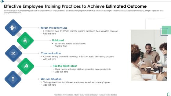 Effective Employee Training Practices To Achieve Estimated Outcome Ppt Icon Graphics Download PDF