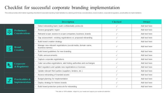 Efficient Administration Of Product Business And Umbrella Branding Checklist For Successful Corporate Branding Implementation Ideas PDF