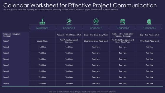 Efficient Communication Plan For Project Management Calendar Worksheet For Effective Project Communication Slides PDF Efficient Communication Plan For Project Management Calendar Worksheet For Effective Project Communication Slides PDF