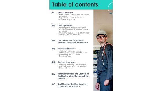 Electrical Services Contractual Bid Proposal Table Of Contents One Pager Sample Example Document Electrical Services Contractual Bid Proposal Table Of Contents One Pager Sample Example Document