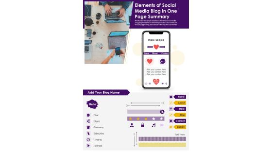 Elements Of Social Media Blog In One Page Summary PDF Document PPT Template Elements Of Social Media Blog In One Page Summary PDF Document PPT Template
