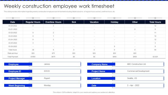 Embracing Construction Project Playbook Weekly Construction Employee Work Timesheet Information PDF Embracing Construction Project Playbook Weekly Construction Employee Work Timesheet Information PDF