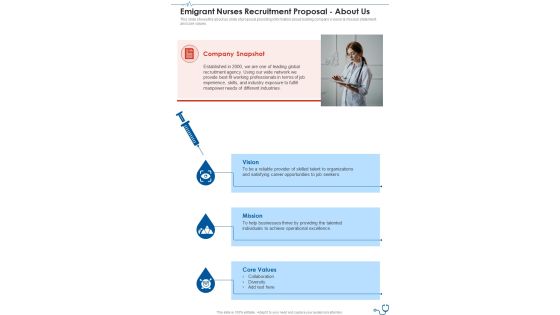 Emigrant Nurses Recruitment Proposal About Us One Pager Sample Example Document Emigrant Nurses Recruitment Proposal About Us One Pager Sample Example Document