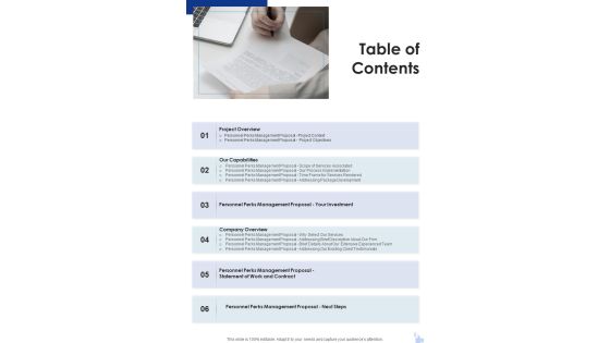 Employee Benefits Management Proposal Table Of Contents One Pager Sample Example Document Employee Benefits Management Proposal Table Of Contents One Pager Sample Example Document