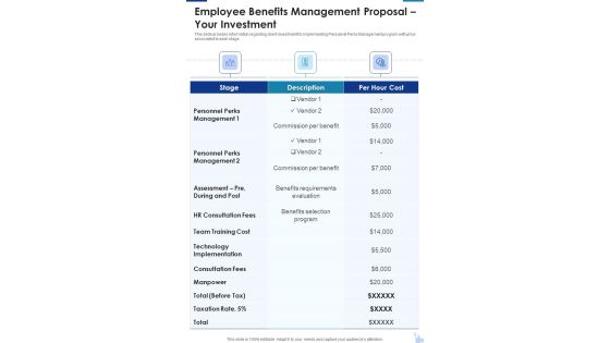 Employee Benefits Management Proposal Your Investment One Pager Sample Example Document