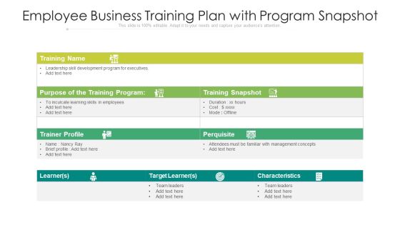 Employee Business Training Plan With Program Snapshot Ppt PowerPoint Presentation Infographics Graphic Images PDF