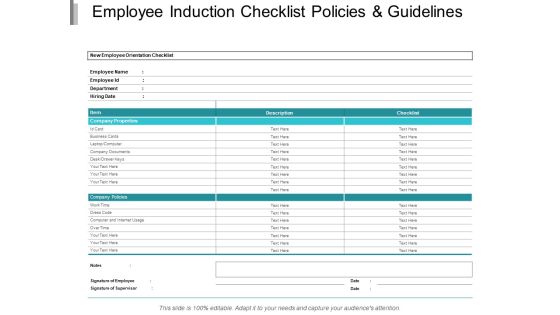 Employee Induction Checklist Policies And Guidelines Ppt PowerPoint Presentation Ideas Aids
