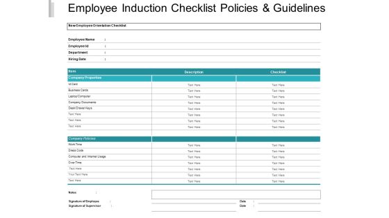 Employee Induction Checklist Policies And Guidelines Ppt PowerPoint Presentation Slides Mockup